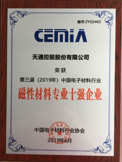 第三届（2019年）中国电子资料行业磁性资料专业十强企业证书